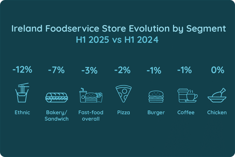 Ireland Foodservice Store Evolution by Segment, H1 2025 vs H1 2024