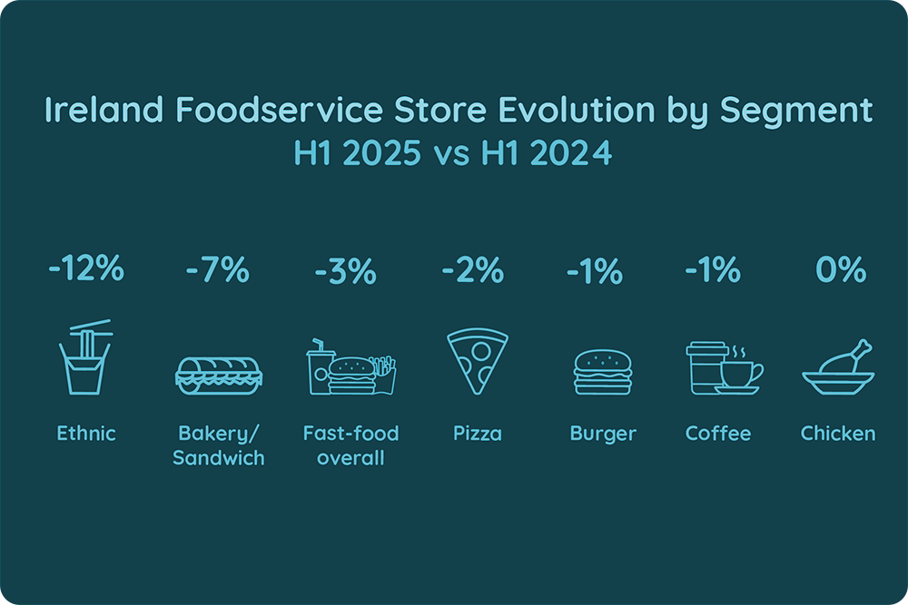 Ireland Foodservice Store Evolution by Segment, H1 2025 vs H1 2024
